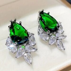 Emerald Green Color Pear Cut Cubic Zirconia 925 plated Stud Luxury Earrings
